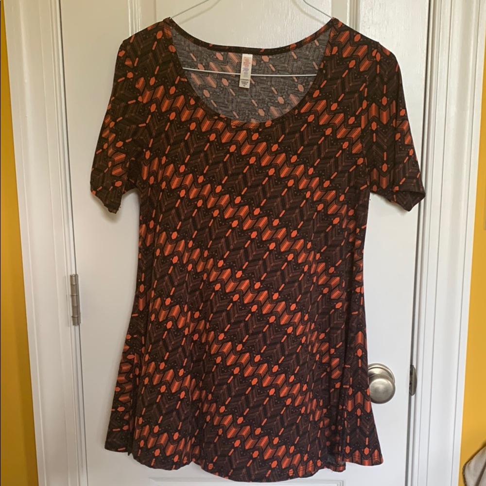 LuLaRoe Black and Orange Geometric Short Sleeve Top